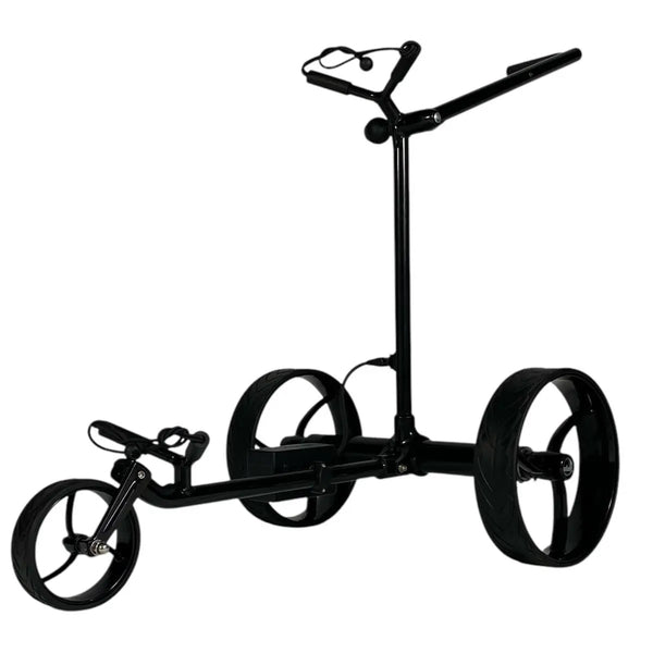 Schwarzer Elektro Golf Trolley mit drei Rädern, modernes Design auf weißem Hintergrund
