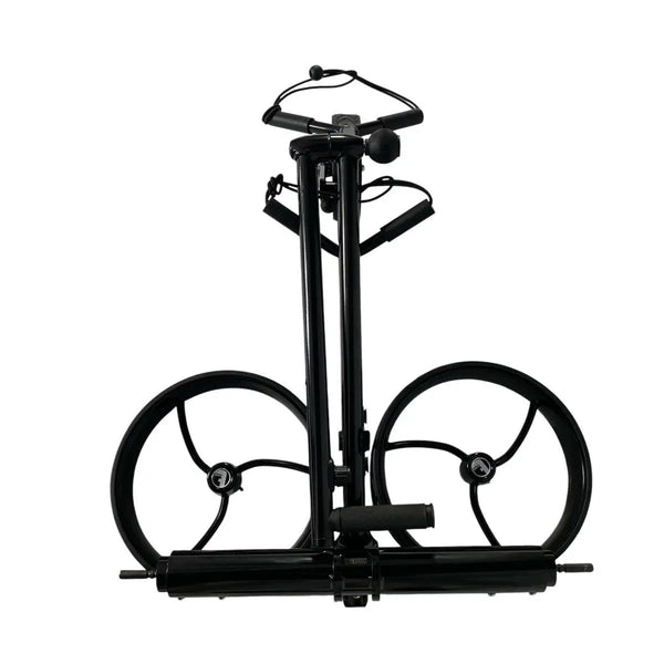 Zusammengeklappter Elektro-Golf-Trolley mit großen Rädern, schwarze Ausführung