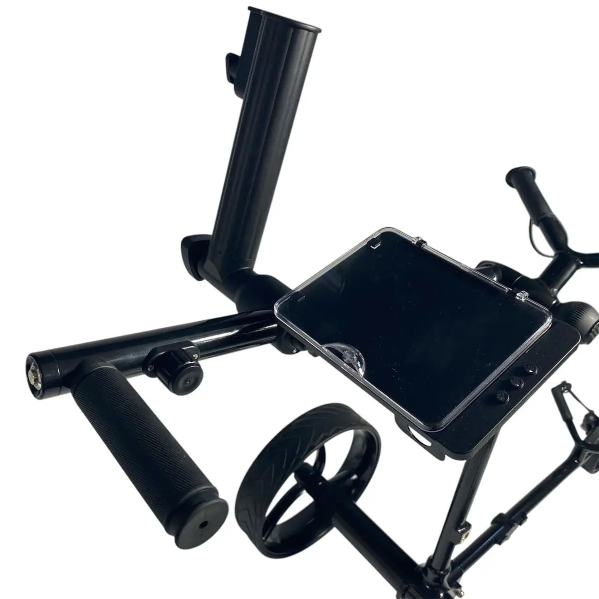 Detailansicht Elektro-Golf-Trolley Steuerung, Griff, Rad und Smartphone-Halter