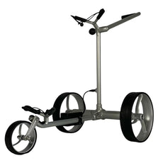 Moderner Elektro-Golf Trolley mit drei großen Rädern und Aluminiumrahmen, freigestellt
