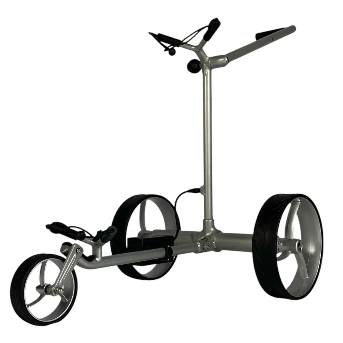 Moderner Elektro-Golf Trolley mit drei großen Rädern und Aluminiumrahmen, freigestellt