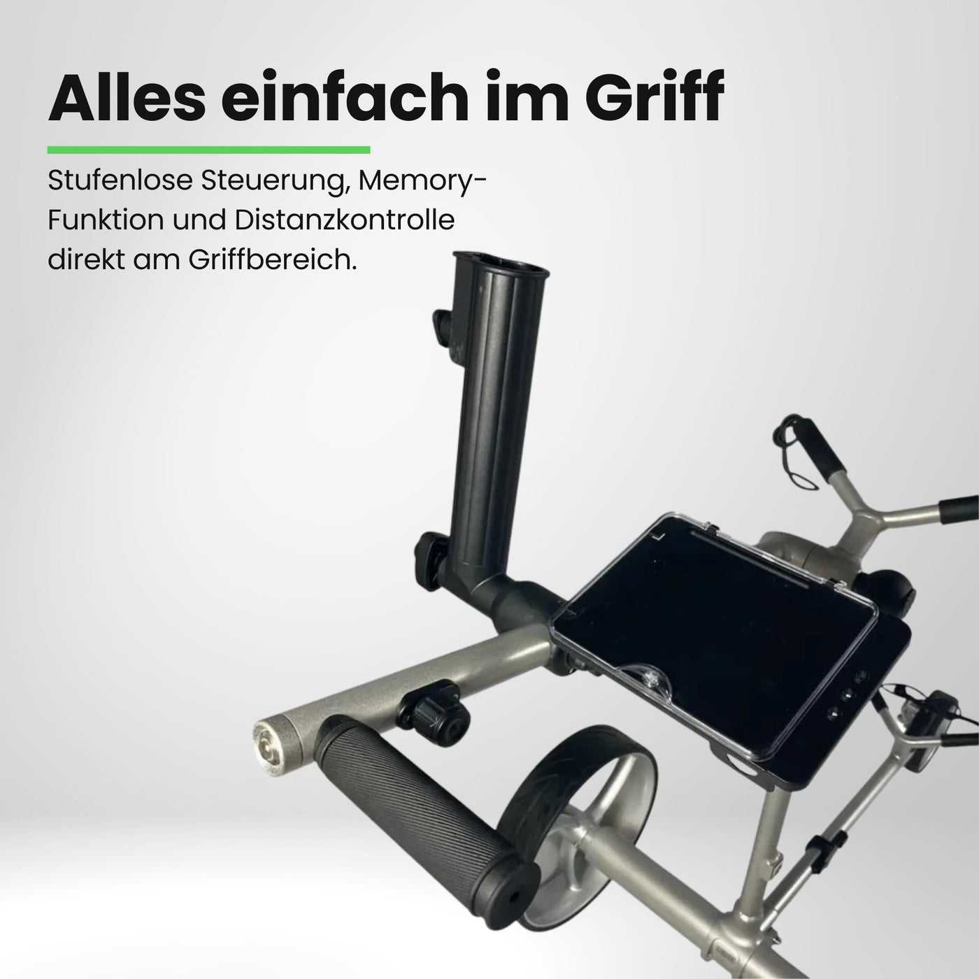 Detailansicht Elektro-Golf Trolley Griff mit Handyhalter und Zubehörhalterung