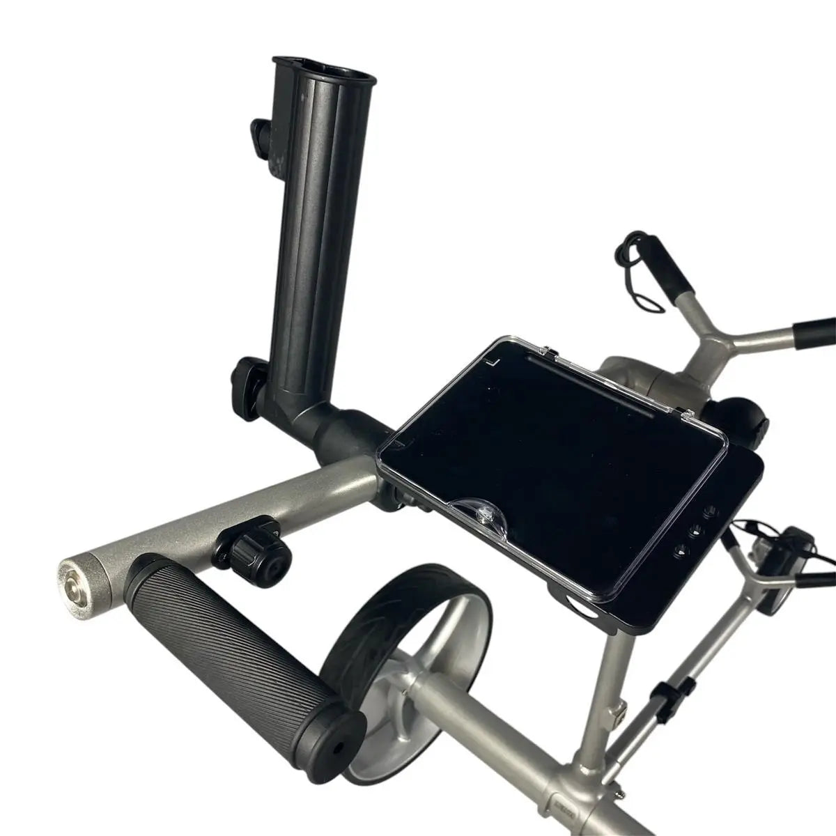 Detailansicht Elektro-Golf Trolley Griff mit Handyhalter und Zubehörhalterung