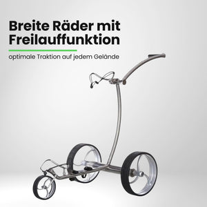 Moderner E-Trolley für Golf, silbernes Gestell, drei große Räder, freistehend