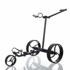Moderner E-Trolley für Golf, schwarzes Modell mit drei großen Rädern, freigestellt