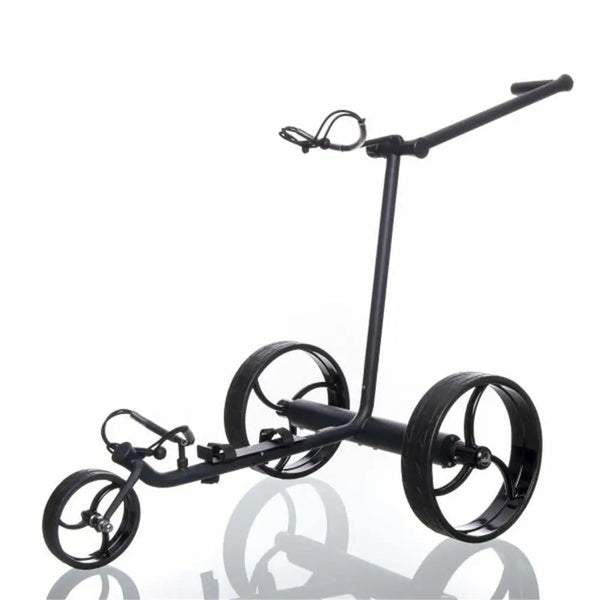 Moderner E-Trolley für Golf, schwarzes Modell mit drei großen Rädern, freigestellt