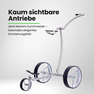 Moderner Golf E-Trolley aus Metall mit drei großen Rädern auf weißem Hintergrund