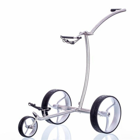 Moderner Golf E-Trolley aus Metall mit drei großen Rädern auf weißem Hintergrund