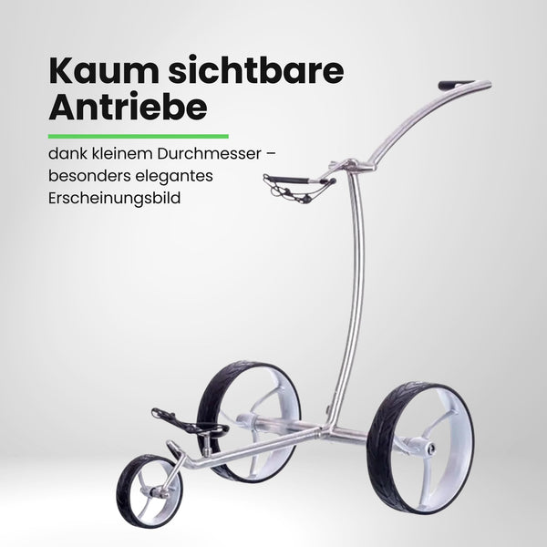 Moderner Golf E-Trolley aus Metall mit drei großen Rädern auf weißem Hintergrund