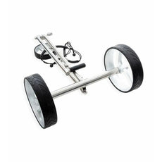 Elektrischer Golf Trolley mit zwei großen Reifen und silbernem Rahmen auf weißem Hintergrund