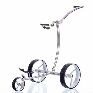 Trend Golf Walker E-Trolley 2026 in silber mit großen Reifen und praktischem Gepäckträger.