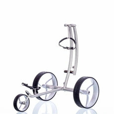 Moderner E-Trolley aus Metall mit drei Rädern für Golfbags auf weißem Hintergrund