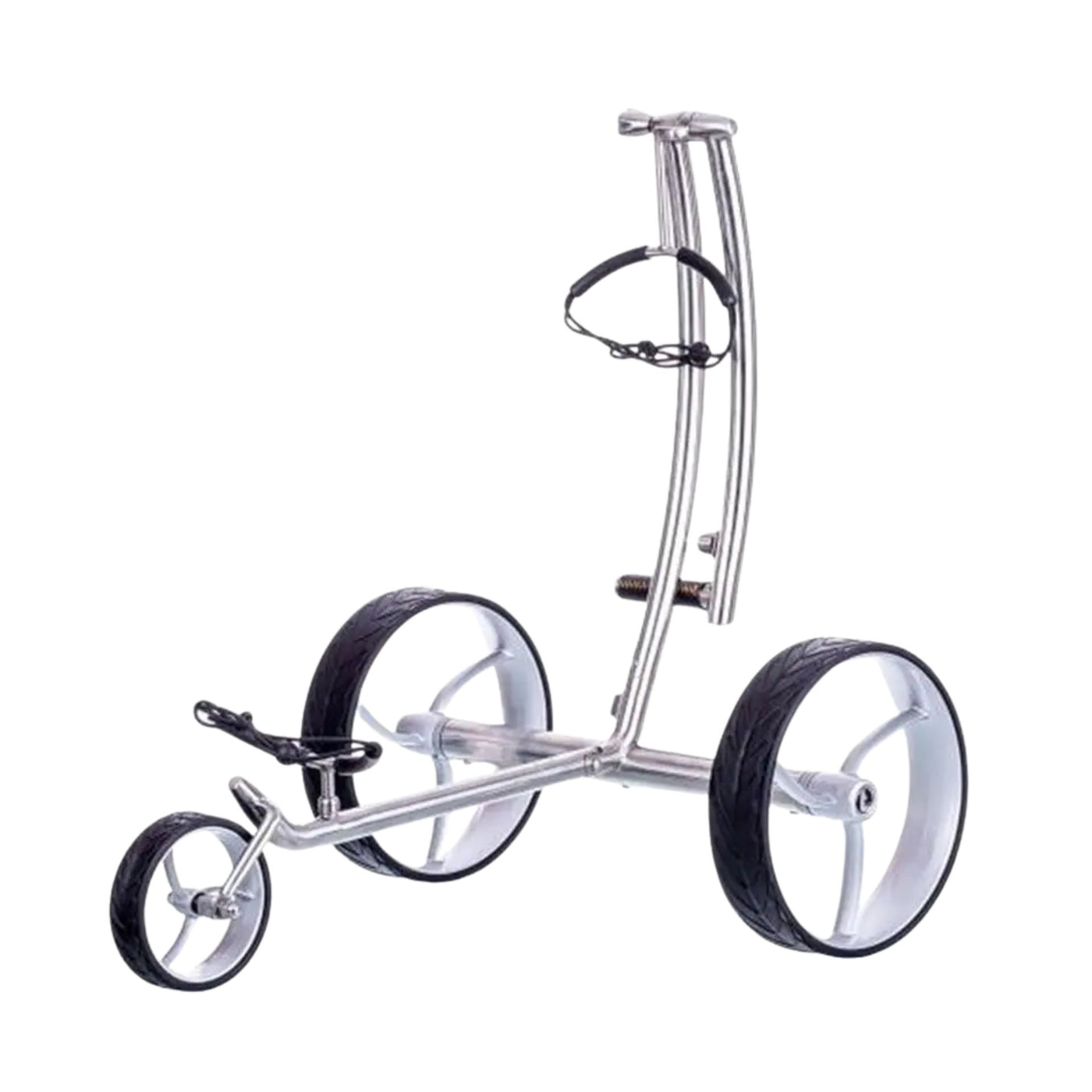 Moderner E-Trolley aus Metall mit drei Rädern für Golfbags auf weißem Hintergrund
