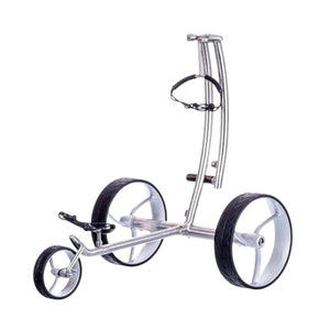 Moderner E-Trolley aus Metall mit drei Rädern für Golfbags auf weißem Hintergrund