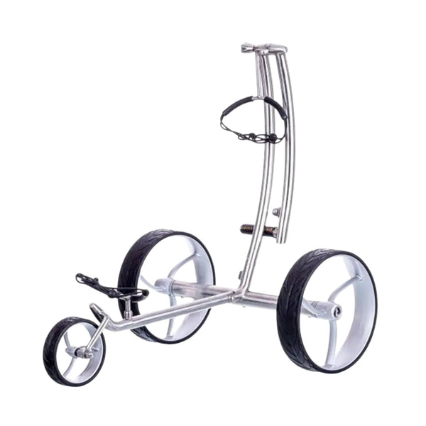 Moderner E-Trolley aus Metall mit drei Rädern für Golfbags auf weißem Hintergrund