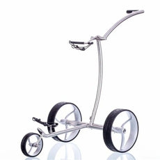 Moderner elektrischer Golf Trolley aus Metall mit drei großen Rädern auf weißem Hintergrund