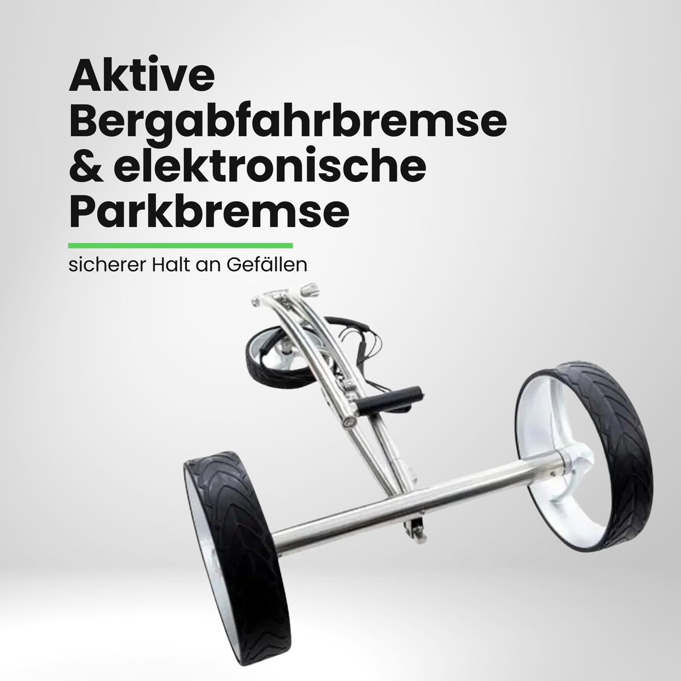 Moderner Golf E-Trolley aus Edelstahl mit großen Rädern auf weißem Hintergrund.
