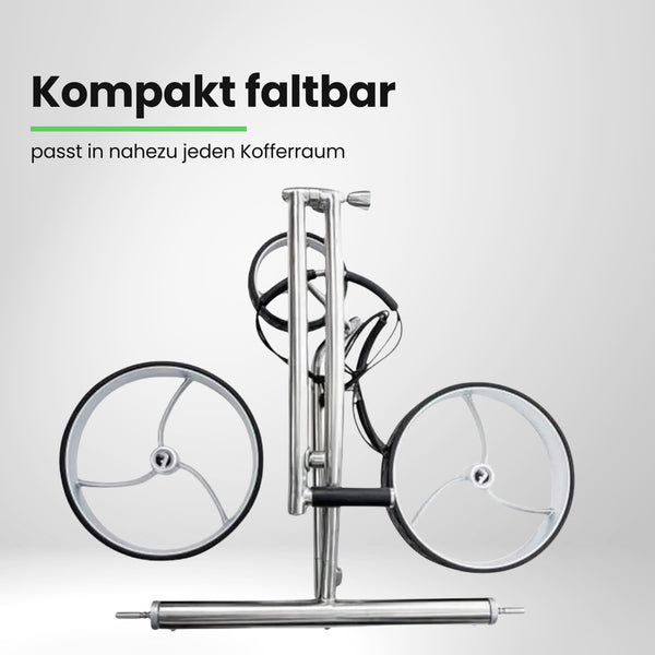 Zusammengeklappter E-Trolley für Golf, silbernes Gestell mit zwei großen Rädern, vor weißem Hintergrund