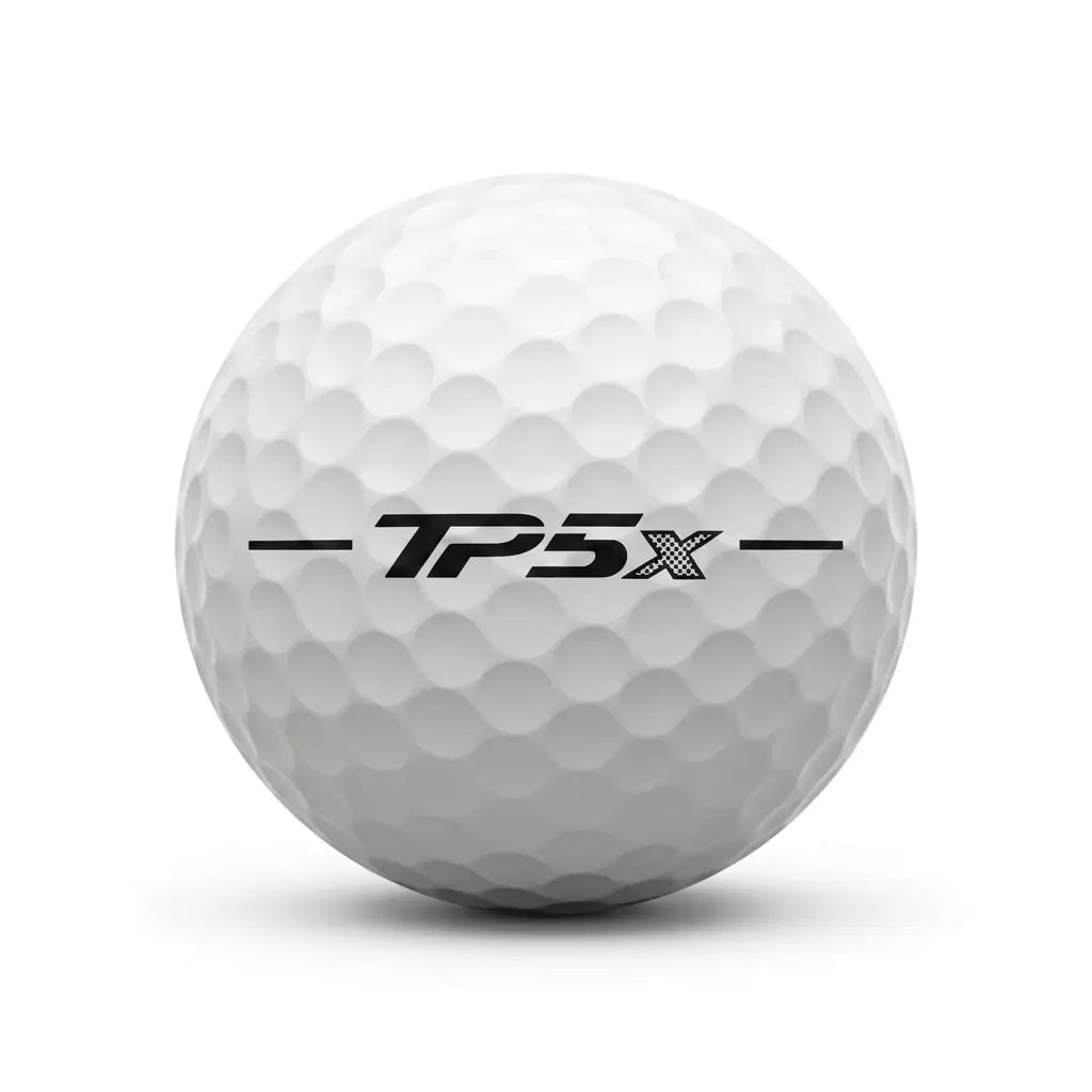 TaylorMade TP5x Lakeball – Gebrauchter weißer Golfball mit TP5x Logo und Nummer, Seitenansicht