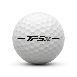 TaylorMade TP5x Lakeball – Gebrauchter weißer Golfball mit TP5x Logo und Nummer, Seitenansicht