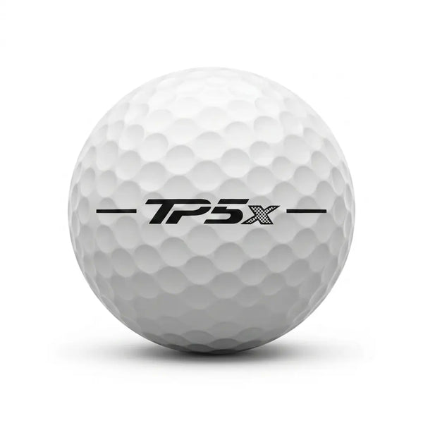 TaylorMade TP5x Lakeball – Gebrauchter weißer Golfball mit TP5x Logo und Nummer, Seitenansicht