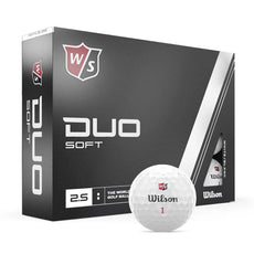 Wilson Duo Soft Golfbälle 12er Pack, weiße Golfbälle vor schwarzer Verpackung