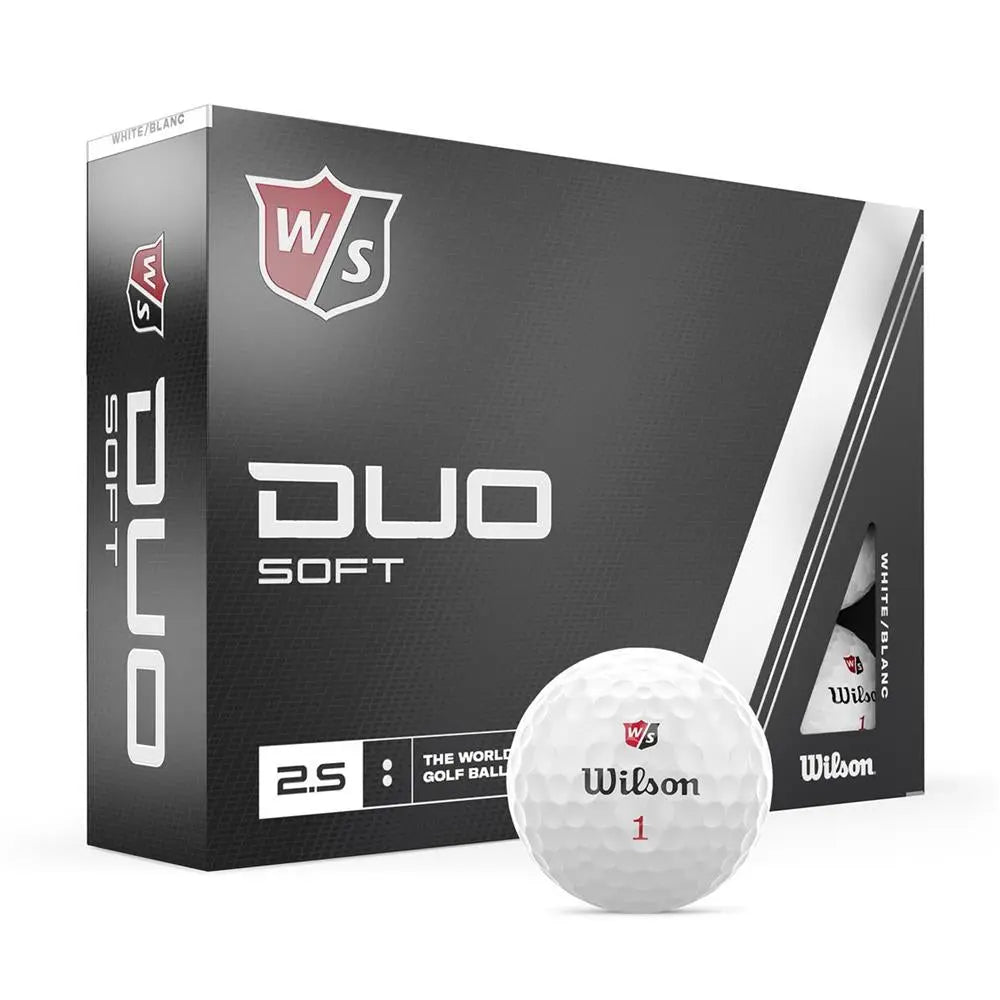 Wilson Duo Soft Golfbälle 12er Pack, weiße Golfbälle vor schwarzer Verpackung