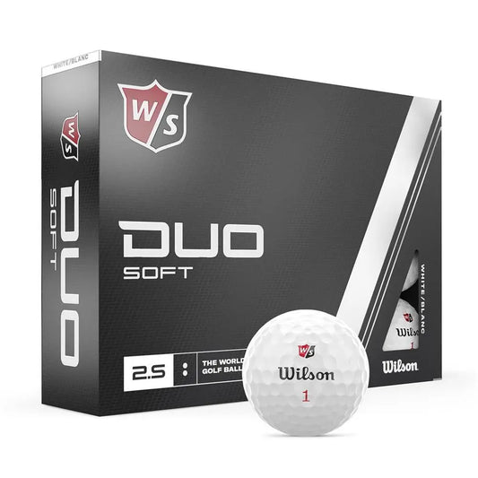 Wilson Duo Soft Golfbälle 12er Pack, weiße Golfbälle vor schwarzer Verpackung