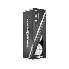 Verpackung mit weißen Duo Soft Golfbällen, Aufschrift und Sichtfenster, Nahaufnahme.