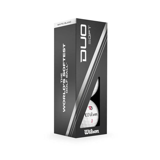 Verpackung mit weißen Duo Soft Golfbällen, Aufschrift und Sichtfenster, Nahaufnahme.