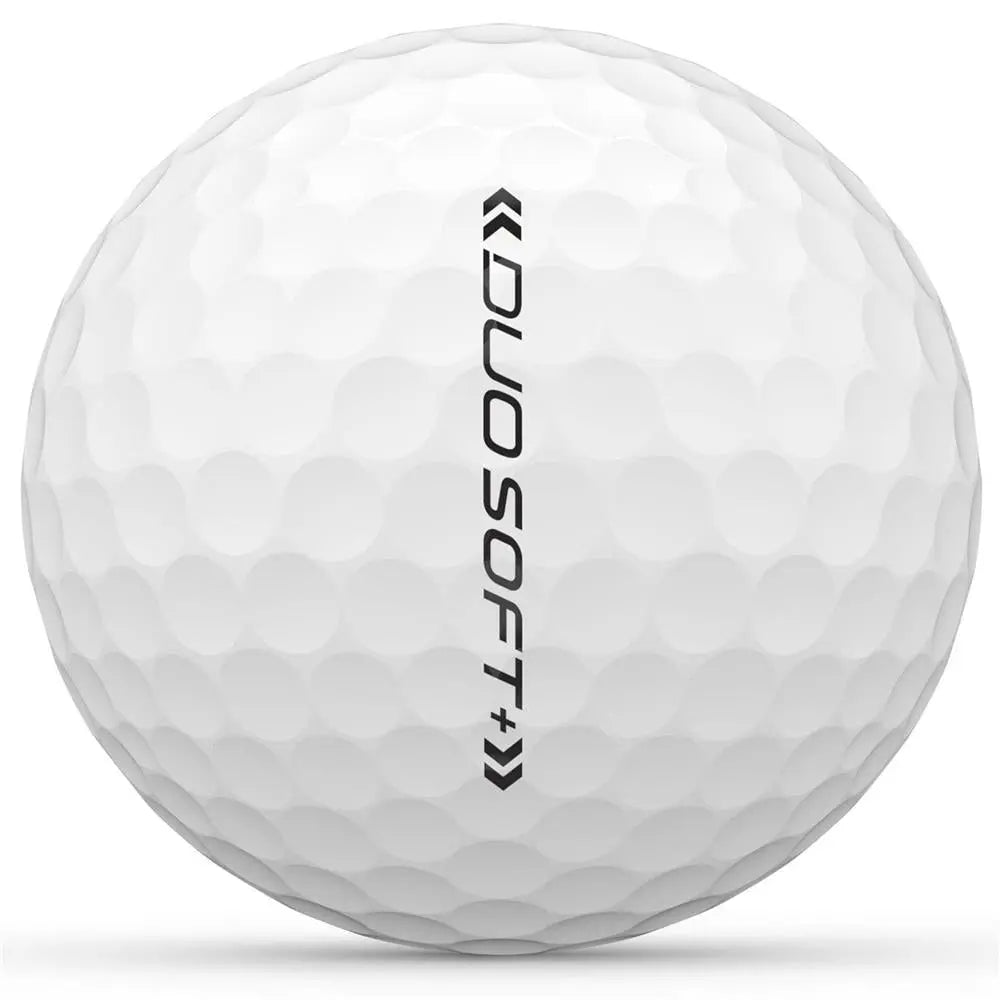Weißer Golfball DUO SOFT+ mit Logo, Nahaufnahme für Golfausrüstung, Golfbälle