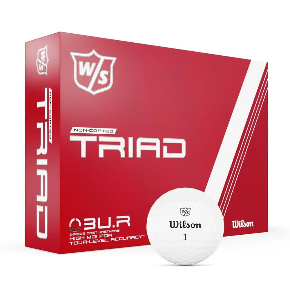 Wilson Triad Golfball 12er Pack, weiße Golfbälle vor roter Verpackung