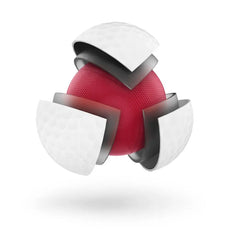 Querschnitt eines Golfballs mit rotem Kern und weißer Schale, Golfball Aufbau