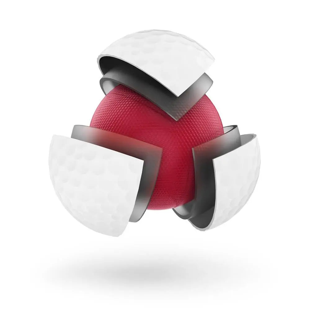 Querschnitt eines Golfballs mit rotem Kern und weißer Schale, Golfball Aufbau