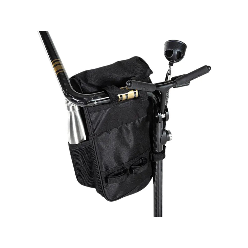 Schwarze Accessoiretasche für Golf Trolley mit Getränkehalter und Fächern, seitlich montiert