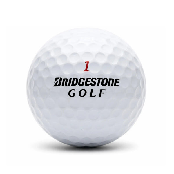 Bridgestone Mix – Nahaufnahme weißer Bridgestone Golfball mit dimpled Oberfläche und Logo