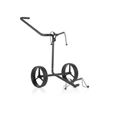 Schwarzer Golf Trolley aus Carbon mit zwei großen Rädern auf weißem Hintergrund