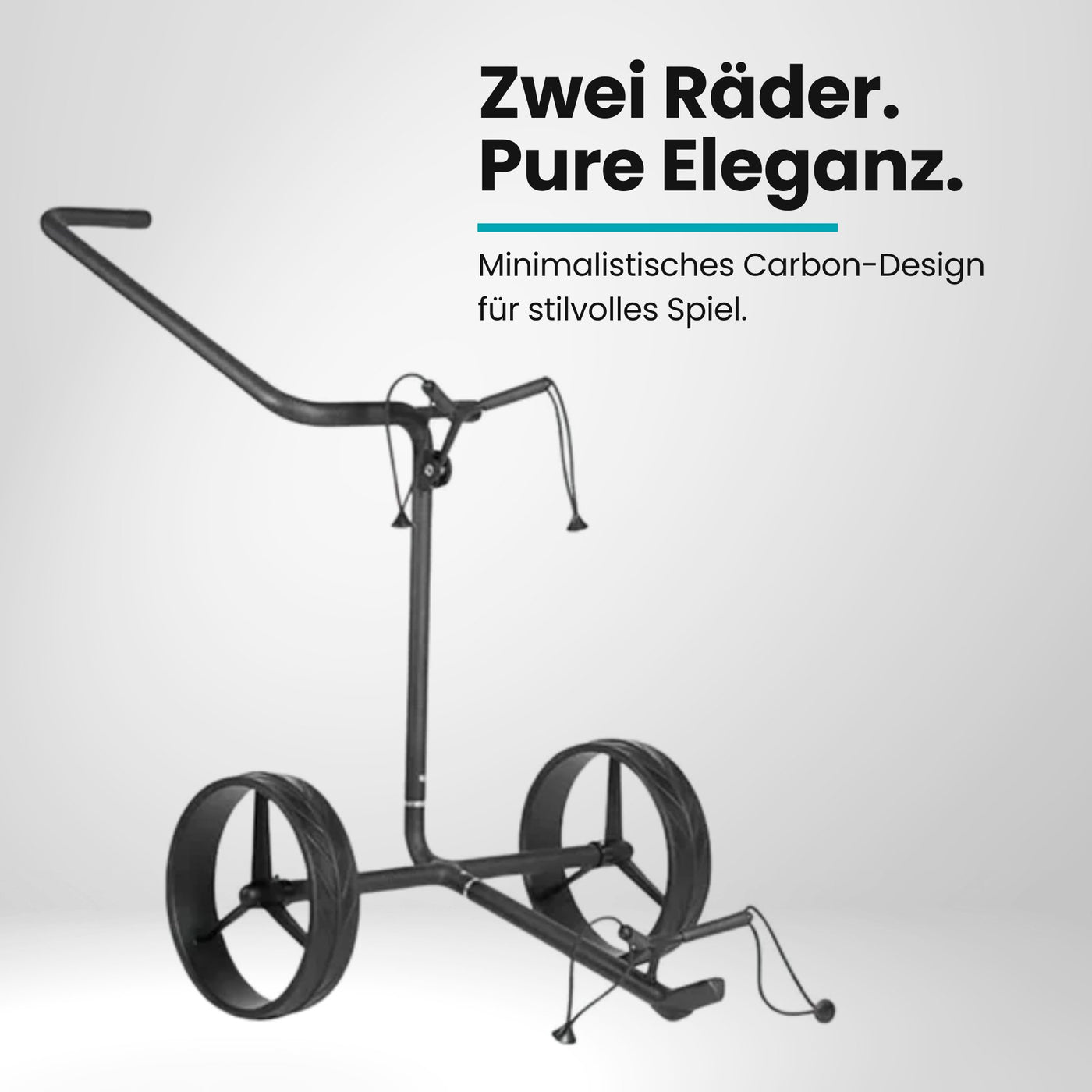 Schwarzer Golf Trolley aus Carbon mit zwei großen Rädern auf weißem Hintergrund