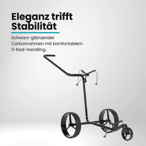 Schwarzer Golf Trolley aus Carbon mit drei Rädern, modernem Design, freigestellt auf Weiß
