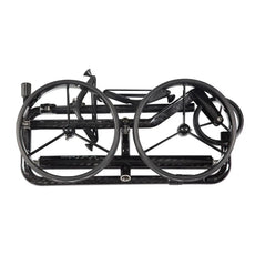 Zusammengeklappter Golf Trolley aus Carbon mit zwei großen Rädern, leicht und kompakt.