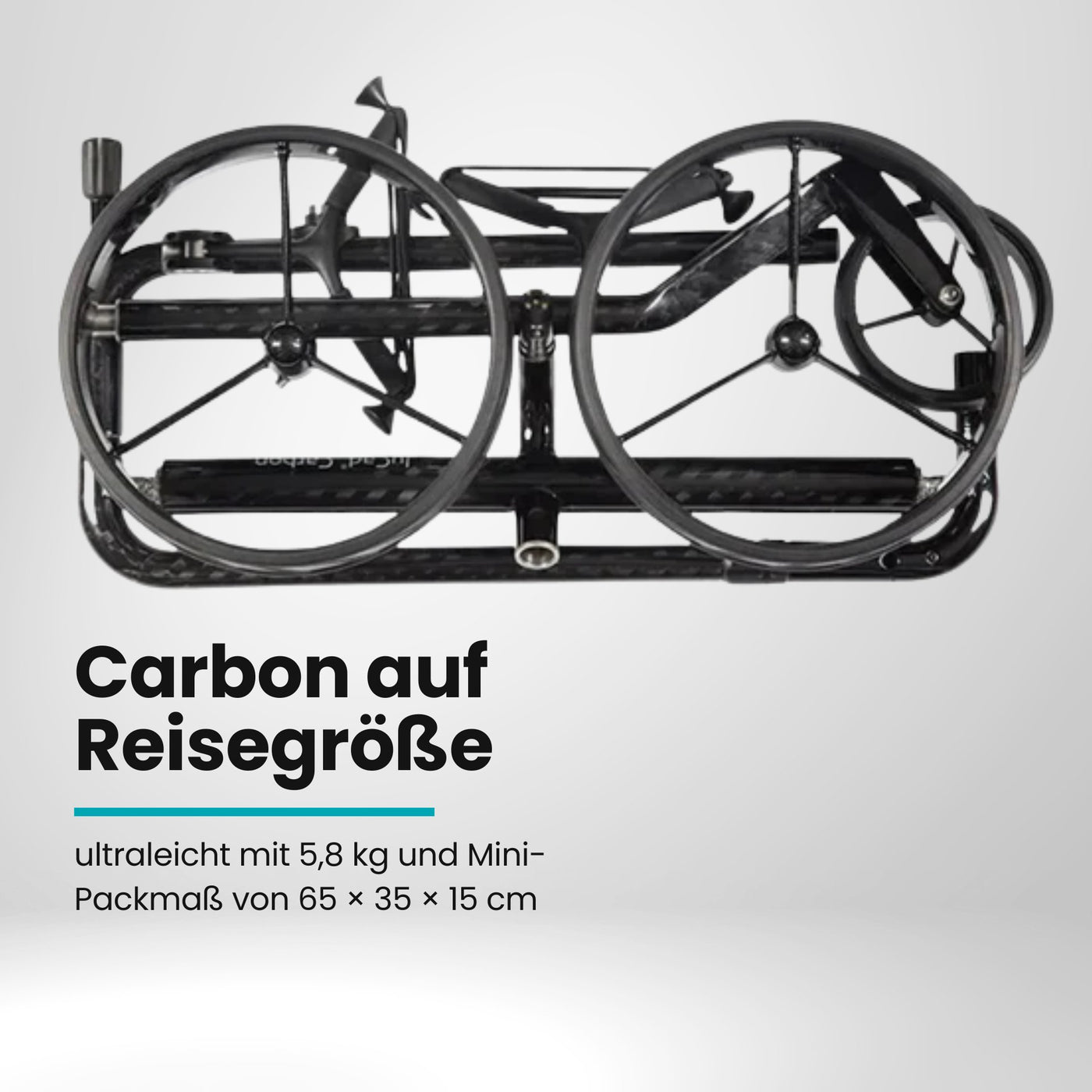 Zusammengeklappter Golf Trolley aus Carbon mit zwei großen Rädern, leicht und kompakt.