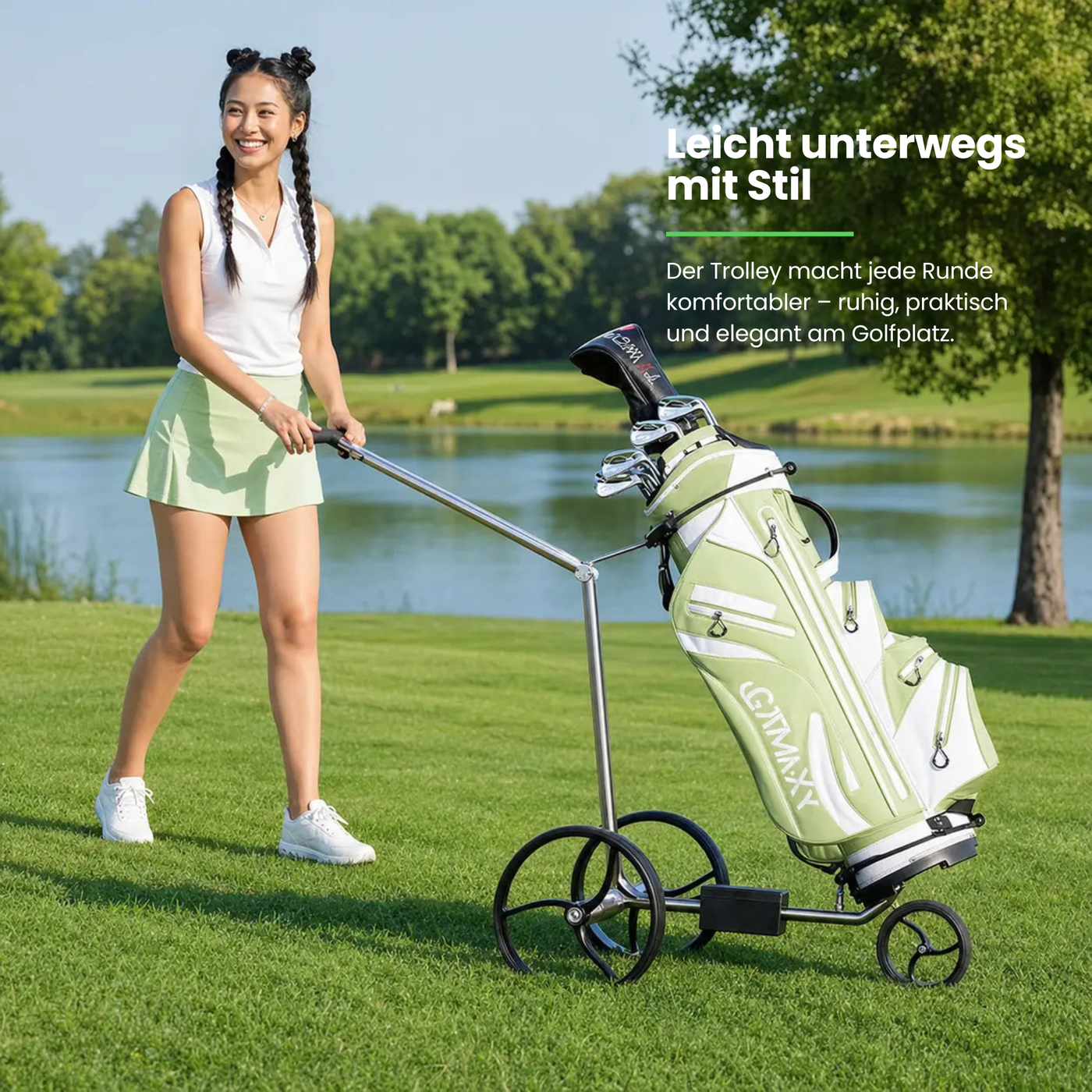 Trend Golf GALAXY Edelstahl E-Trolley 2026, leicht und stylish, auf dem Golfplatz genutzt.