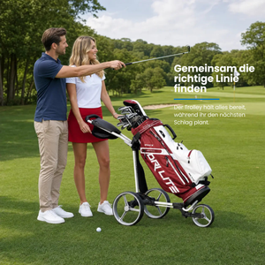 Big Max TI TWO - 3 Rad Push Trolley mit Golftasche auf dem Golfplatz, zwei Personen beim Spielen.