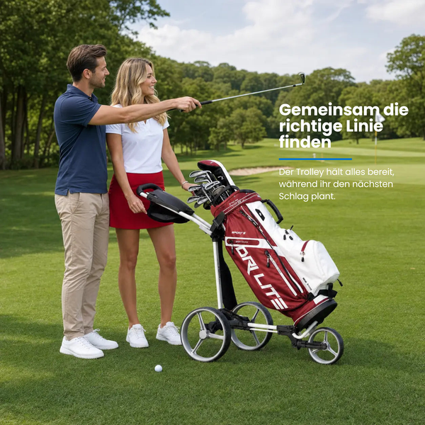 Big Max TI TWO - 3 Rad Push Trolley mit Golftasche auf dem Golfplatz, zwei Personen beim Spielen.