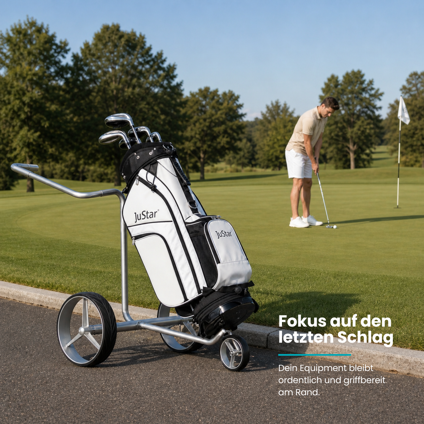 Justar TITAN Classic E-Trolley mit Golftasche auf einem Golfplatz.