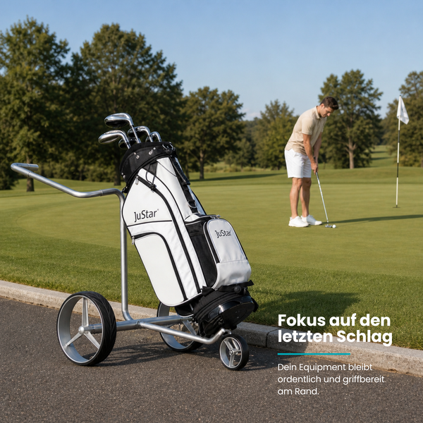 Justar TITAN Classic E-Trolley mit Golftasche auf einem Golfplatz.