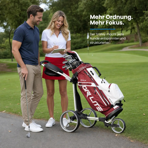 Big Max TI TWO - 3 Rad Push Trolley mit Golfer-Paar auf dem Golfplatz.