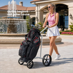 Big Max e-Lite 4 Rad Elektro Trolley mit Golfausrüstung, eine Frau zieht den Trolley auf einem Platz.