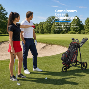Big Max Blade IP 2 - 3 Rad Push Trolley auf dem Golfplatz mit zwei Golfern.
