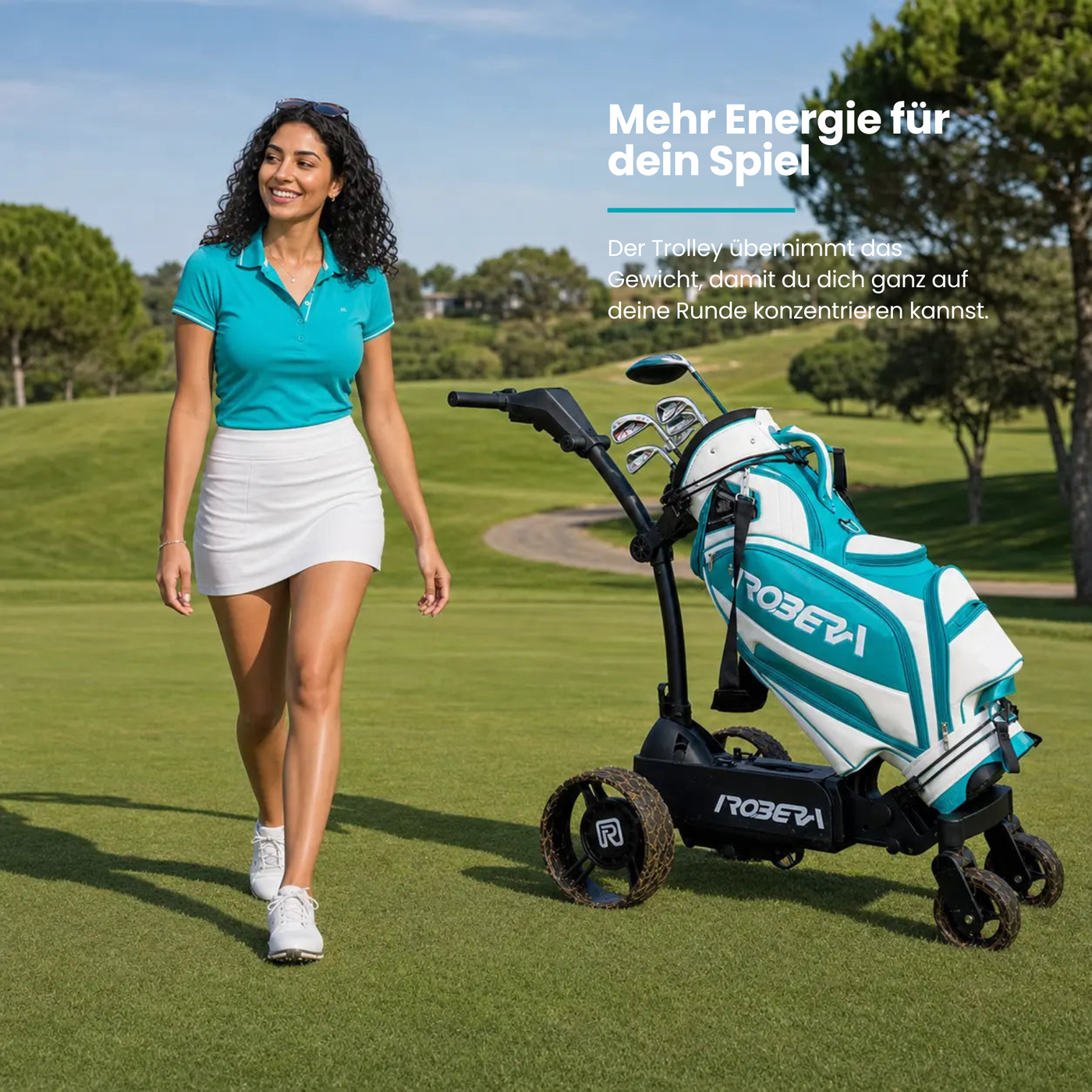 Robera Pro AI Visual Smart Golf Caddy auf einem Golfplatz mit Golferin.
